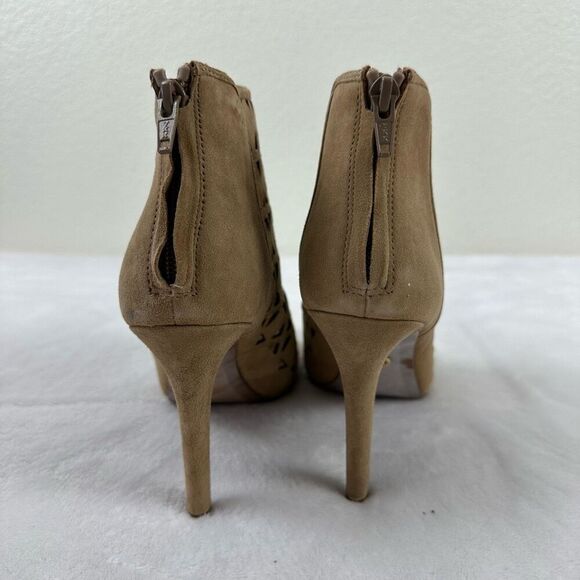 Michael Kors Sz 7.5 Ivy Open Toe Suede Leather Heel Bootie‎ Tan Diamond Lasercut - Picture 3 of 10
